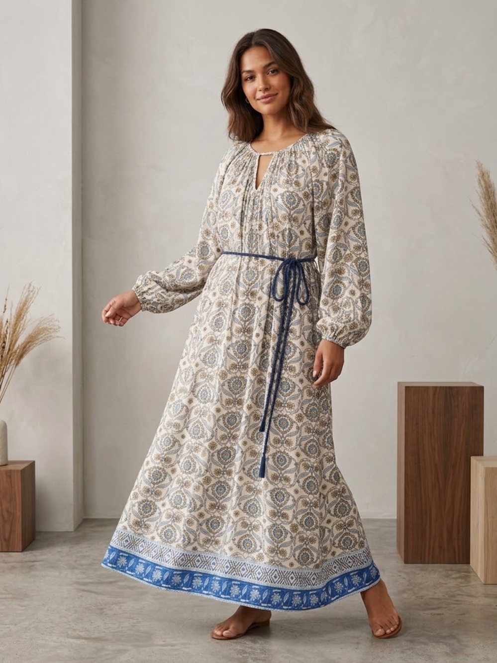 $44 H&M Beige and Blue Printed Long Sleeve Maxi Dress - Medium